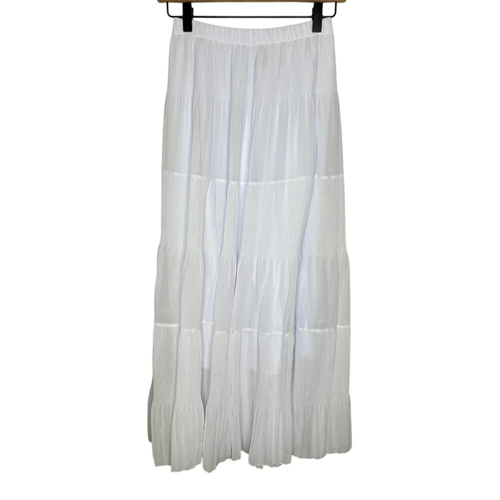 Nashalyly White Maxi Skirt Pleated Tiered Boho Chiffon Elastic Waist Lined Small
